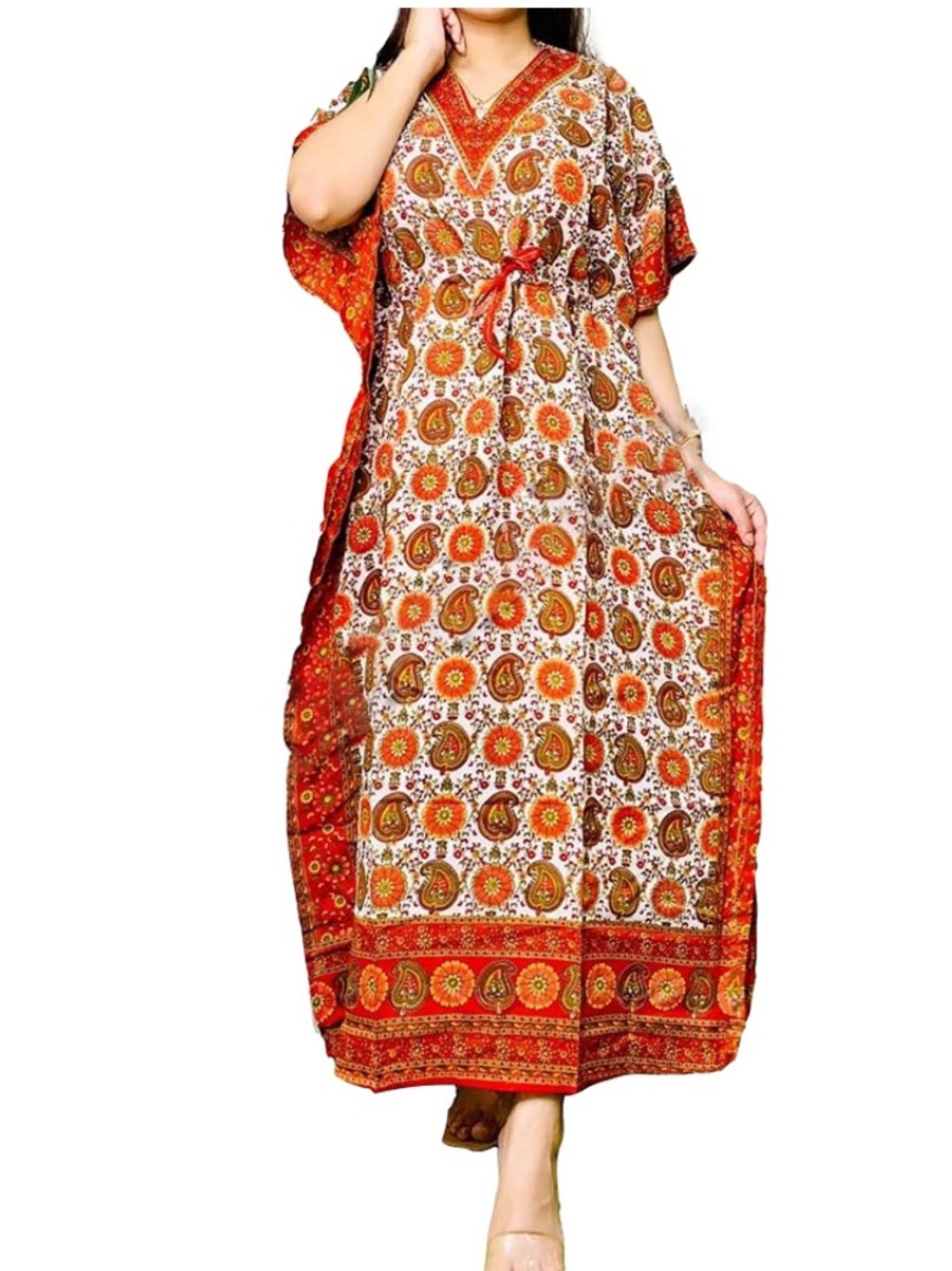 Ana & Rose Indian Boho Floral Kaftan Maxi Dress in Red & Cream Paisley One Size
